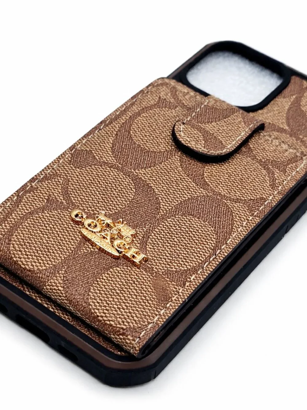 iPhone 14 Khaki Brown Canvas Signature Monogram Wallet Case with Gold Logo - Picture 2 of 6